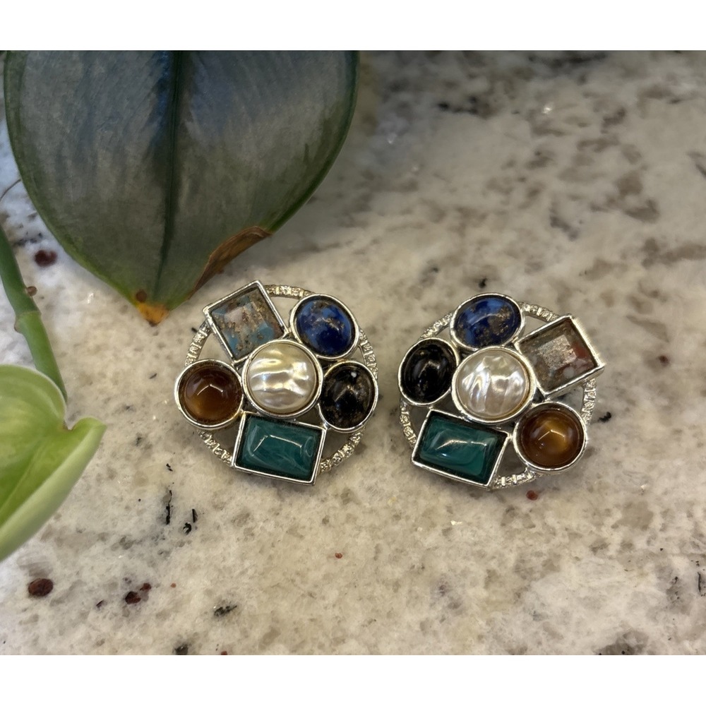 Vintage 1960s Sarah Coventry‎ Faux Stone Acrylic Silver Tone Clip On Earrings